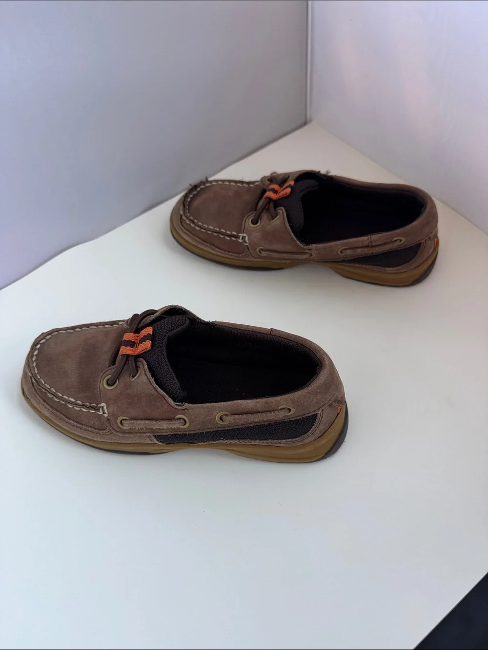 Kids Lands’ End Brown Suede Boat Shoes with Orange Accent